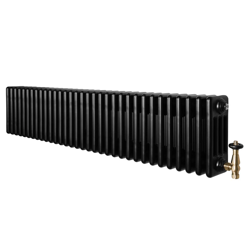 Traditionele 4-Kolom Radiator - 300 x 1505 mm - Zwart - Incl. Haakse Thermostaatkraan