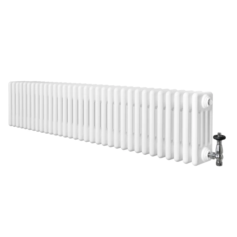 Traditionele 4-Kolom Radiator - 300 x 1505 mm - Wit - Incl. Haakse Thermostaatkraan