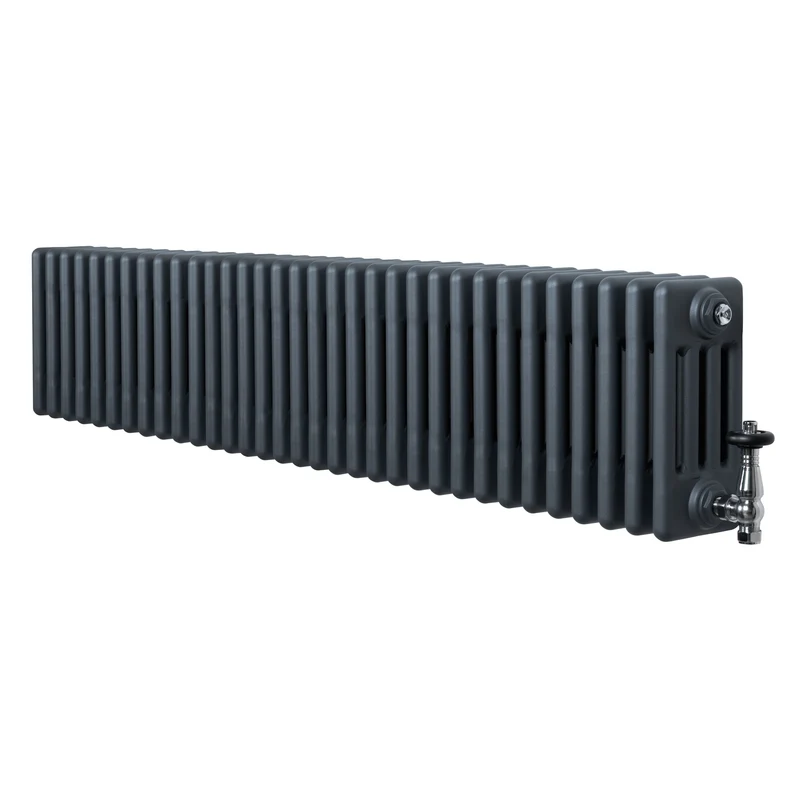 Traditionele 4-Kolom Radiator - 300 x 1505 mm - Antraciet Grijs - Incl. Haakse Thermostaatkraan