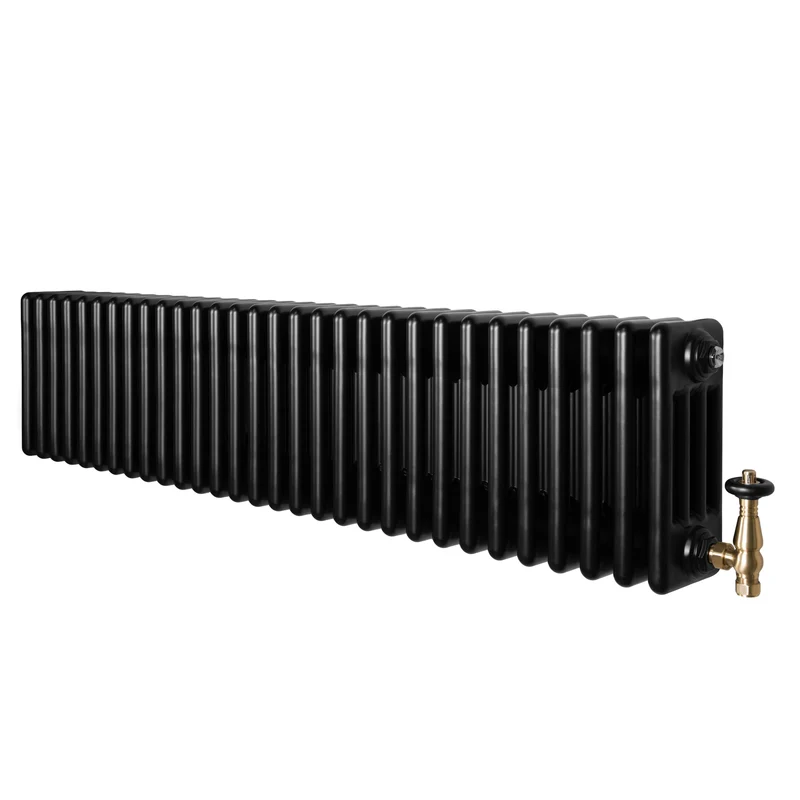 Traditionele 4-Kolom Radiator - 300 x 1370 mm - Zwart - Incl. Haakse Thermostaatkraan