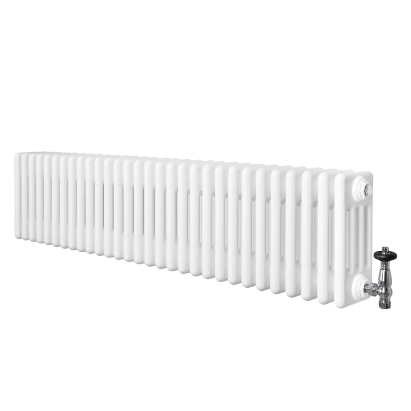 Traditionele 4-Kolom Radiator - 300 x 1370 mm - Wit - Incl. Haakse Thermostaatkraan