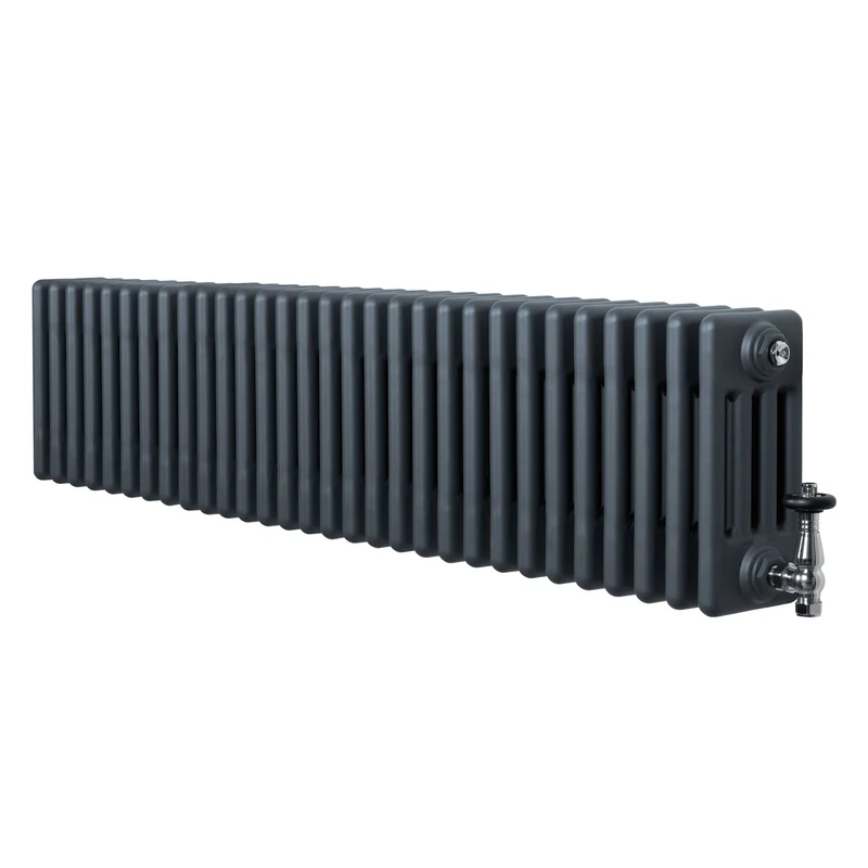 Traditionele 4-Kolom Radiator - 300 x 1370 mm - Antraciet Grijs - Incl. Haakse Thermostaatkraan