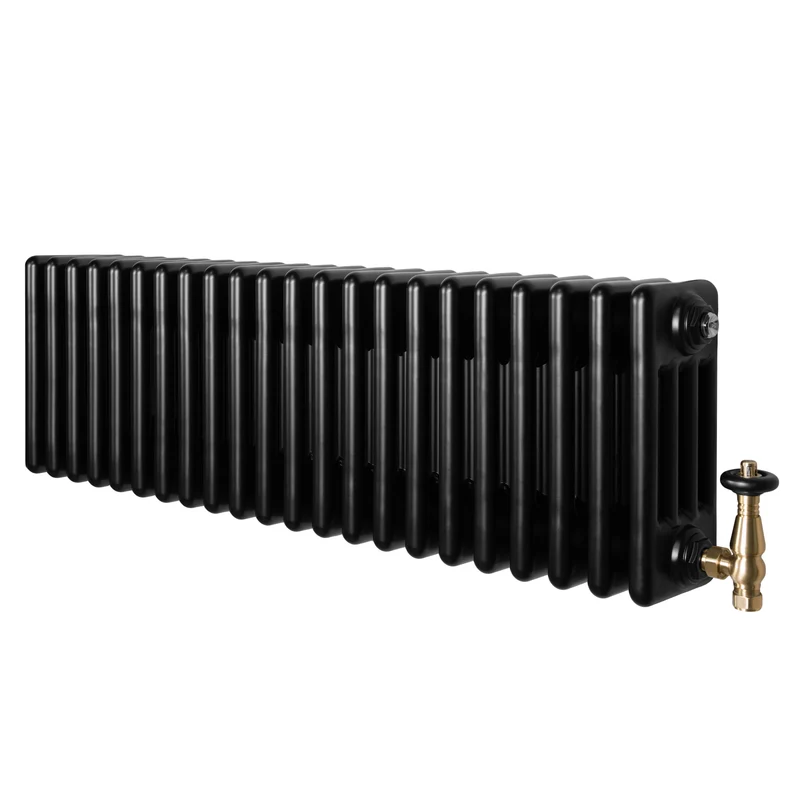 Traditionele 4-Kolom Radiator - 300 x 1010 mm - Zwart - Incl. Haakse Thermostaatkraan