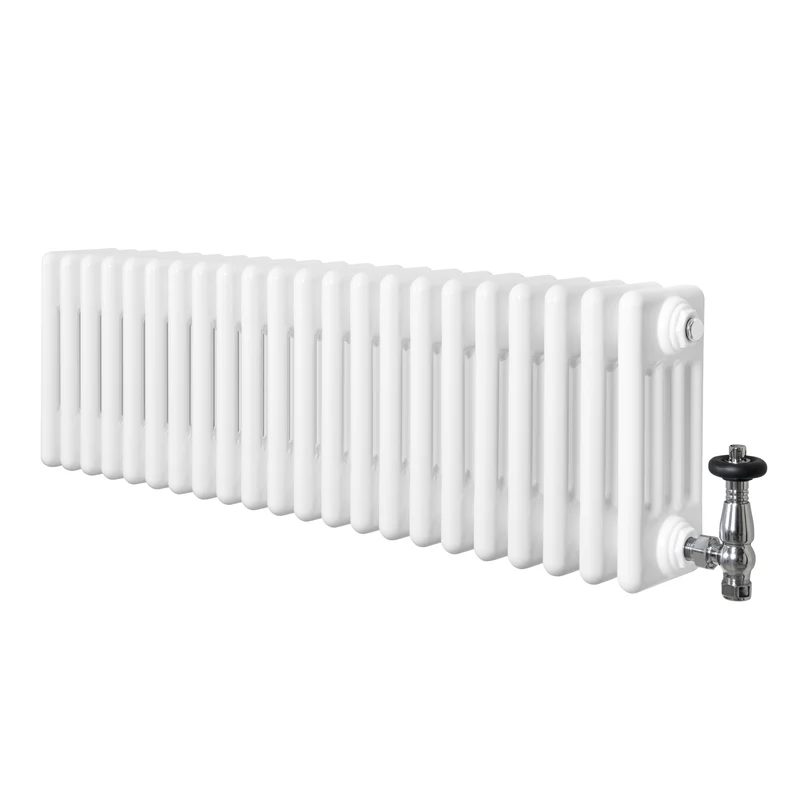 Traditionele 4-Kolom Radiator - 300 x 1010 mm - Wit - Incl. Haakse Thermostaatkraan