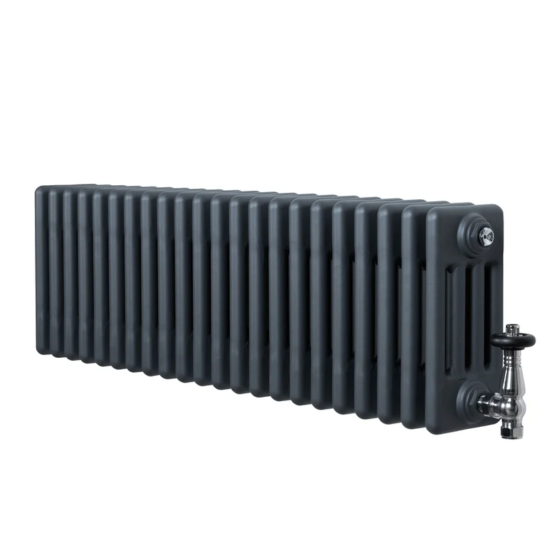 Traditionele 4-Kolom Radiator - 300 x 1010 mm - Antraciet Grijs - Incl. Haakse Thermostaatkraan