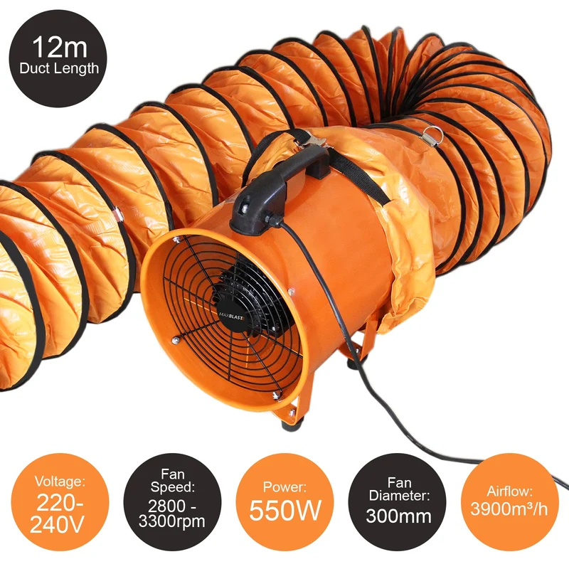 MAXBLAST Professionele Ventilator 550W 300 Ø + 12 m slang