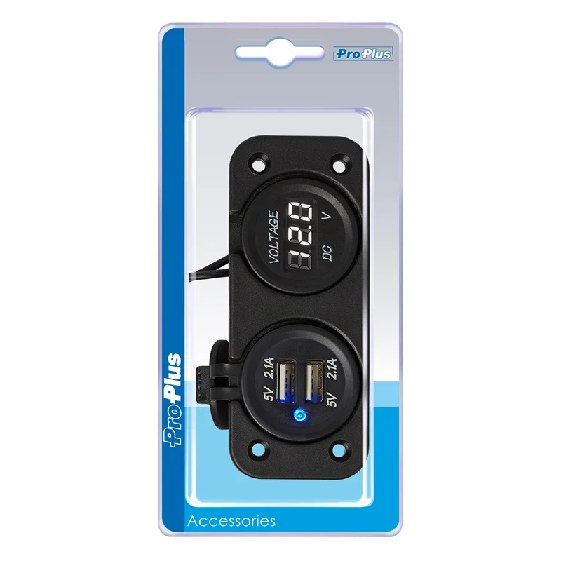 ProPlus Inbouw kit: voltmeter 6-30V + USB poort dubbel type A 2x2100mA in blister