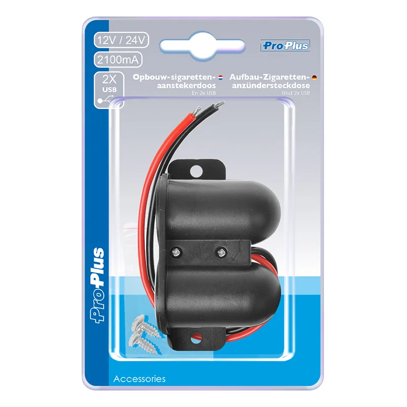ProPlus Opbouw-sigarettenaanstekerdoos + 2xUSB type A 12V/24V in blister